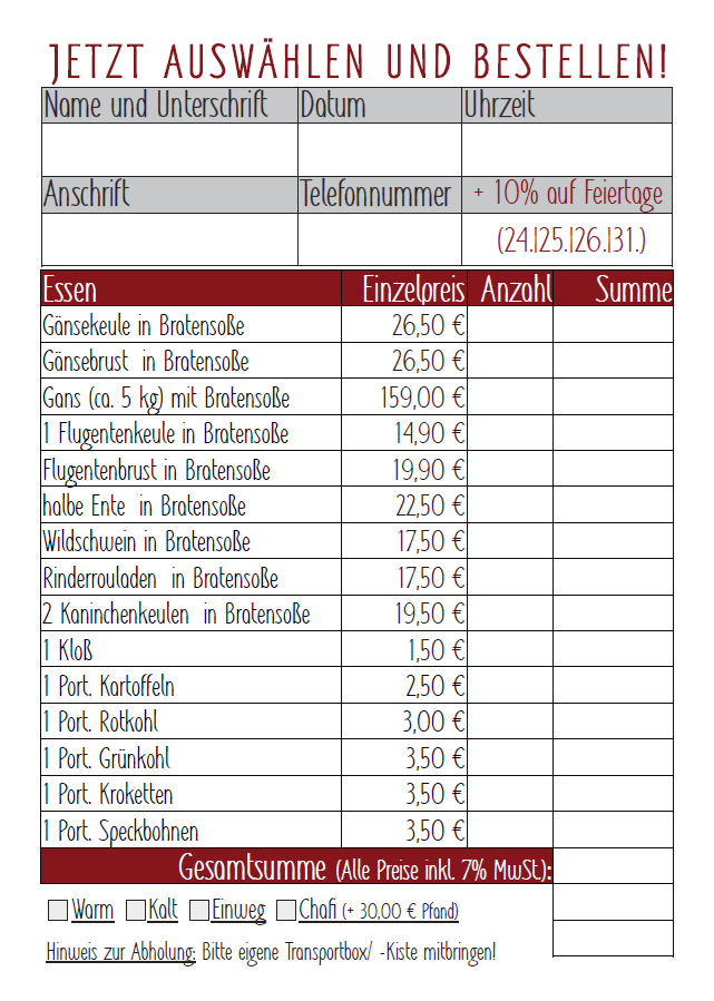 Weihnachtsangebot Bestellzettel 2025